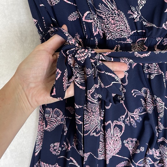 Banana Republic Wrap Dress Womens XL Blue Pink Floral Dark Cottagecore Pockets - Picture 6 of 14
